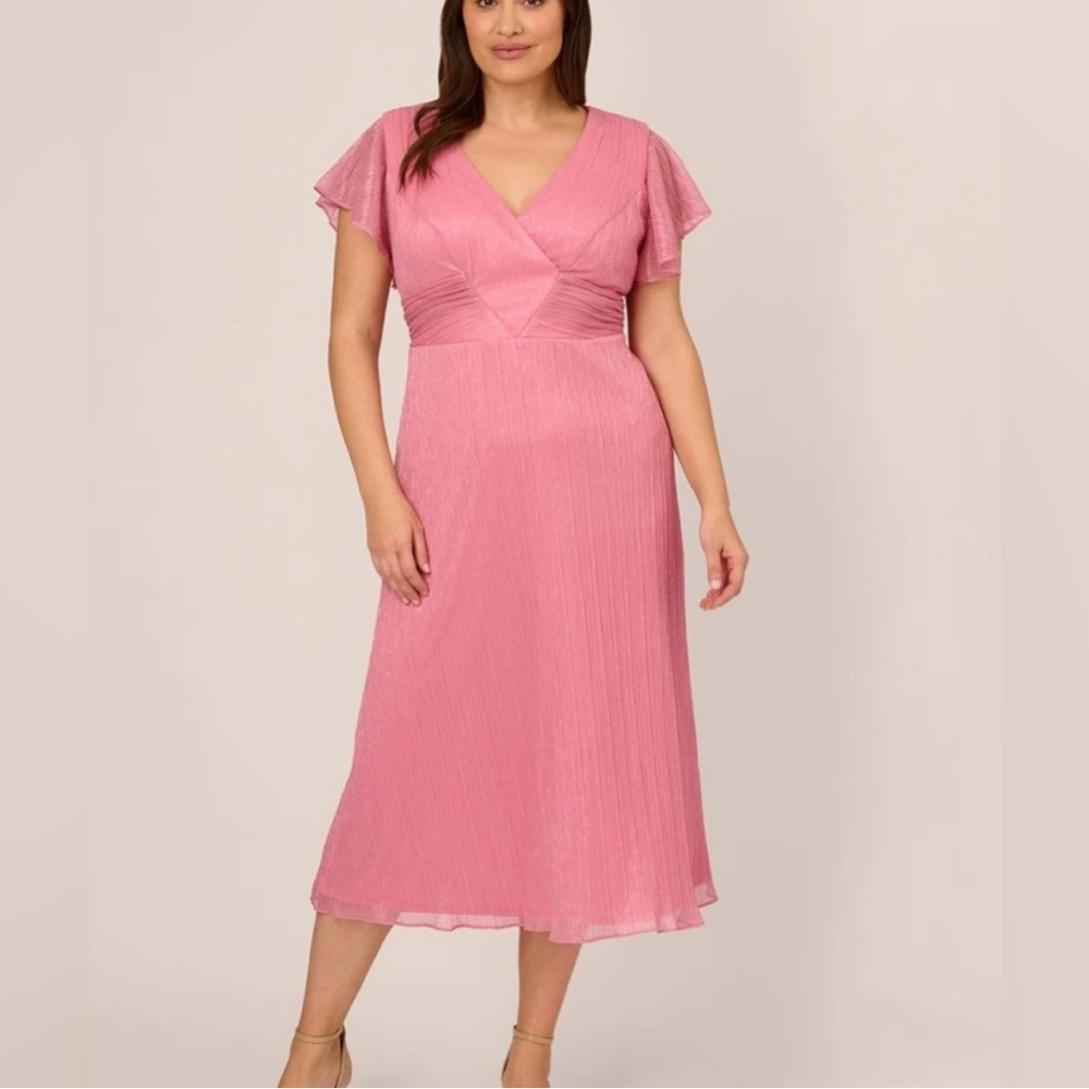 *NWT* Adrianna Papell Crinkle Metallic Mesh Midi Dress Faded Rose